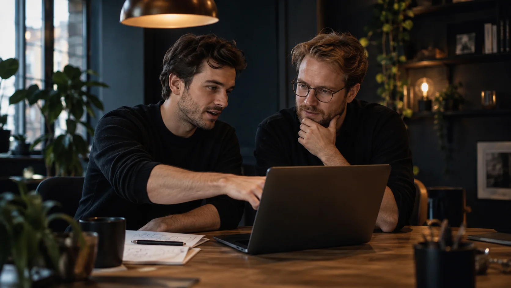Twee softwaremakers bespreken samen een oplossing aan een laptop